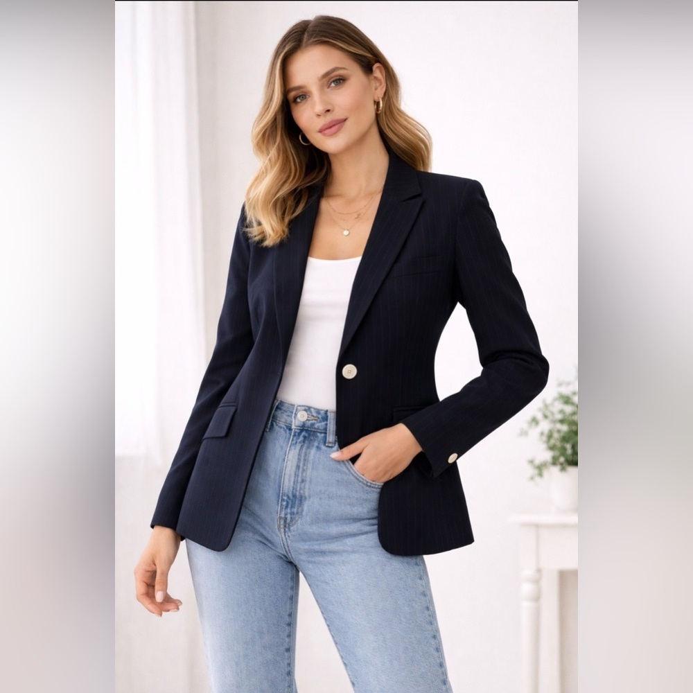 Viyella Women Navy Prinstripe Blazer US4 UK 8 Tailored Workwear Business Classic